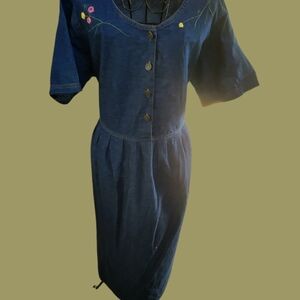 Embroidered Blue Button-Up Dress